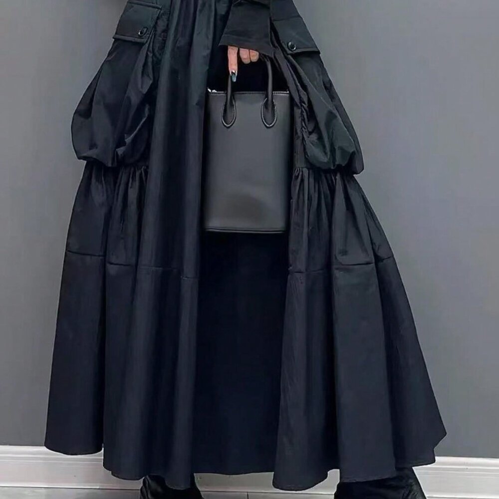 Black Elegant Women's High Waist Flared Long Skirt With Large Pockets - Picture 4 of 5